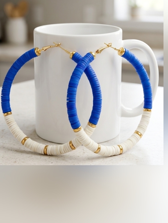 Handmade Jewelry - Bold Blue and Cream Hoop Earrings with Gold Accents